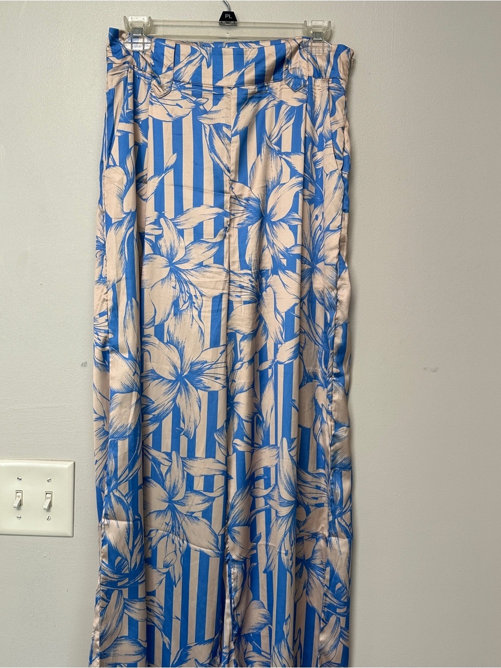 Blue & Cream Floral-Stripe Wide Leg Pants